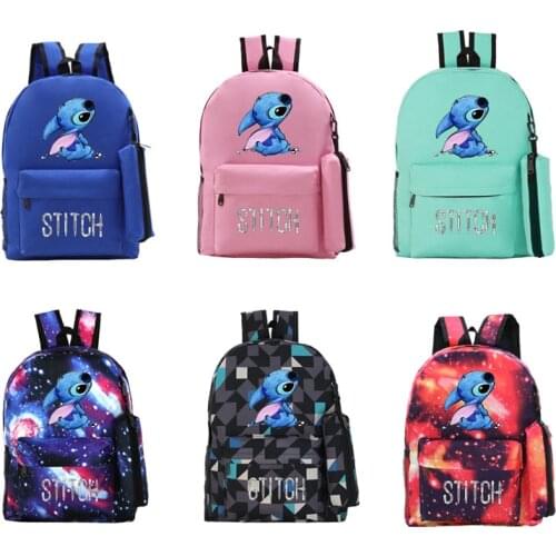 Disney Stitch Cartoon Print Student Backpack with Pencil Case Casual School Bag Two-piece Large Capacity Essential for School