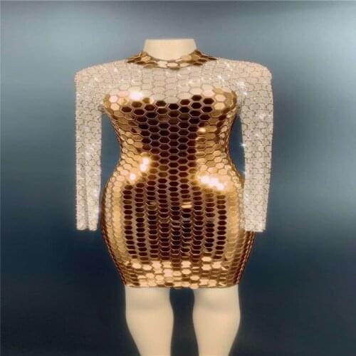 V89 Silver mirror glass evening dress red rhinestones stage costume mesh crystal hip skirt pole dance wear drill outfit club dj