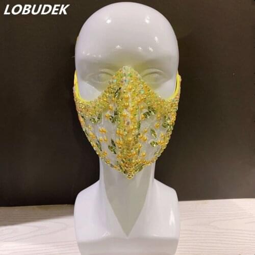 Funny Pearl Rhinestones Mask Male Female Show Stage Accessories Halloween Party Crystals Stones Masked DJ Singer Dancer Ornament