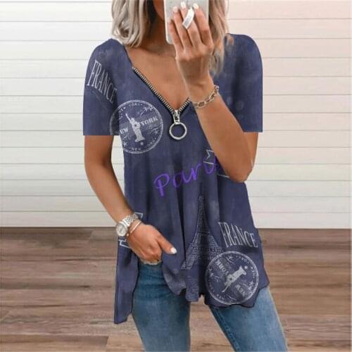 Summer New Letter Print Womens Clothing 2021 V-Neck Zipper Casual Lady T-shirt Fashion Loose Oversized Top Harajuku Girl TShirt