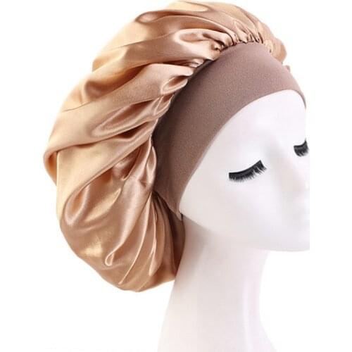 58cm Long Hair Care Women Satin Bonnet Cap Night Sleep Hat Silk Head Wrap Adjust Shower Caps Knitted Cap Solid Color