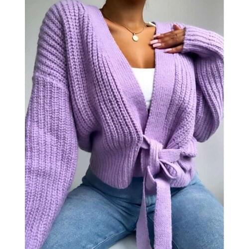 2020 Womens New Sweater Solid Color V-Neck Lace Up Bow Jumpers Lattern Sleeve Loose Cardigan Female Spring Autumn Knitted Coat