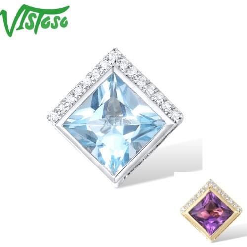 VISTOSO Gold Pendants For Women Authentic 14K 585 White Yellow Gold Sparkling Amethyst Blue Topaz Rhombus Pendant Fine Jewelry