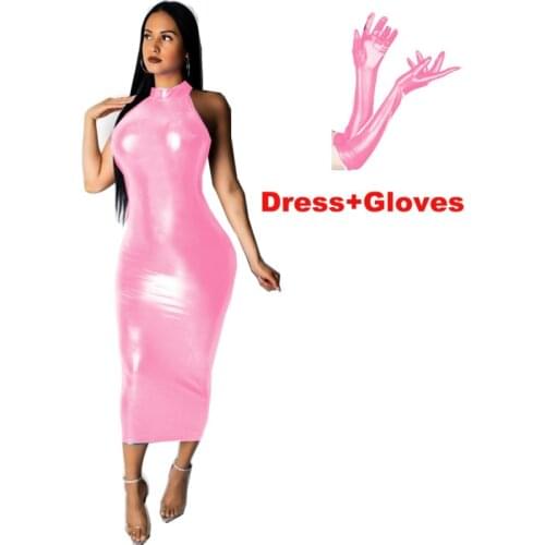 19 Colors Shiny Metallic Sleeveless Long Maxi Dress Sexy Women Faux leather Tank Pencil Dresses With Gloves Novelty Club Costume