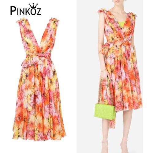 Pinkoz Midi Dress Runway Party Sunflower Summer New WomenS Fashion V-Neck Ruffle Party Sexy Vintage Elegant Print Vest Dresses