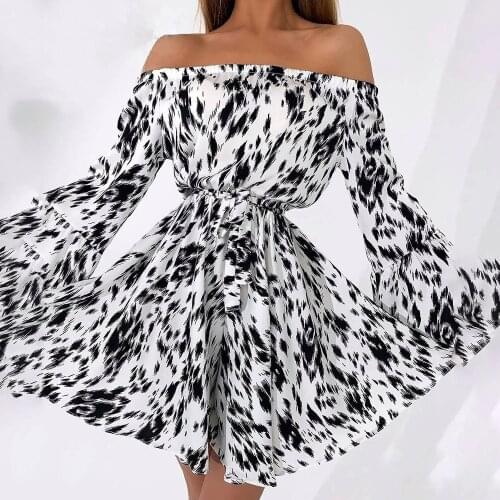 2021 Autumn Leopard Print Ruffles Long Sleeve Dresses Women Casual Slash Neck Lace-up Off Shoulder Mini Dress Woman Party Dress