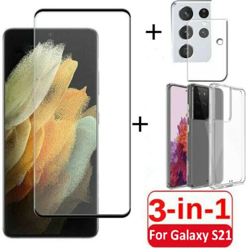 3in1 for Samsung Galaxy S21 Plus Ultra Black Full Edge Tempered Glass Screen Protector & Camera Lens Glass Film Soft Tpu Case