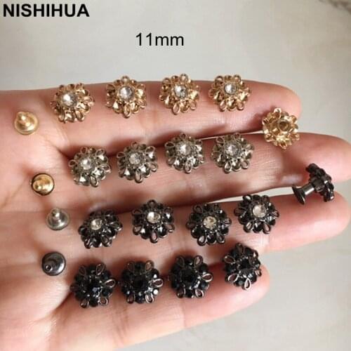 50 sets - Metal Rivet Spike Studs With Crystal Bead Center,11mm Gold/Silver/Black Metal With Clear Bead,DIY Shoes,Bag Decor -A