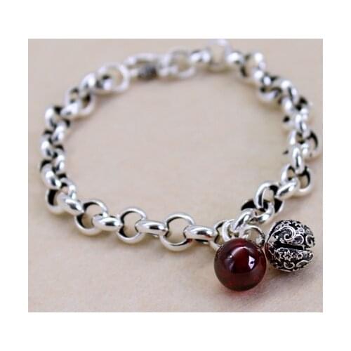 925 Sterling Silver Fashion Vintage Small Bell Red Stone Thai Silver Charm Bracelet For Women Men Gifts