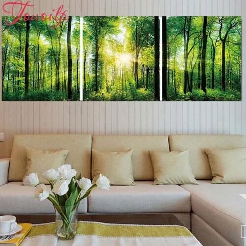 Full suare diy diamond painting 5d diamond embroidery Forest trees 3 pcs mosaic pattern cross stitch triptych wall stickers art