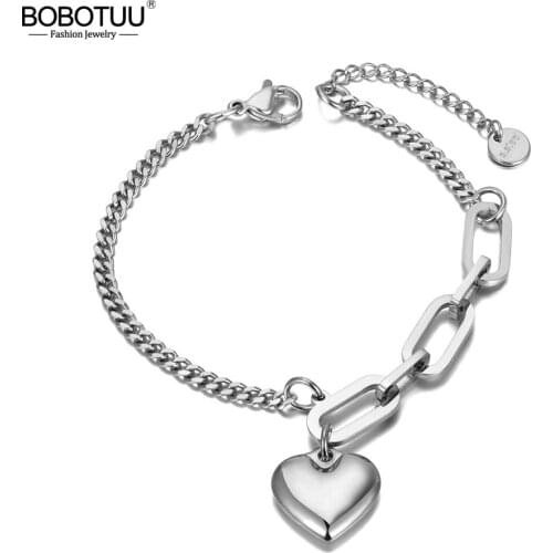 BOBOTUU Titanium Stainless Steel Bohemia Beach Chain Bracelet For Women Girl Fashion Love Heart Charm Bracelet Pulseras BB20149