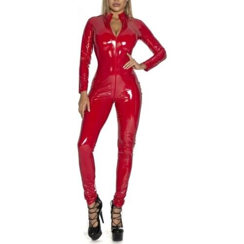 Latex Playsuit Catsuit Faux Leather Women Jumpsuits Black Wetlook PVC Bodysuit Sexy Bodycon Erotic Open Crotch Costume Clubwear