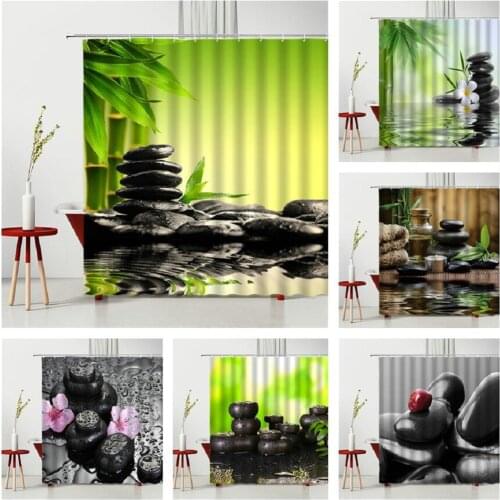 Buddhism Zen Stone Waterproof Shower Curtain Purple Flowers Green Leaf Bamboo Scenery Bathtub Decoration Household Products