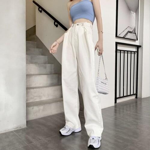 Cotton White High Waist Casual Wide Leg Jeans Women Spring Slim Slimming Mom Denim Trousers Office Lady Straight Vaqueros Femme