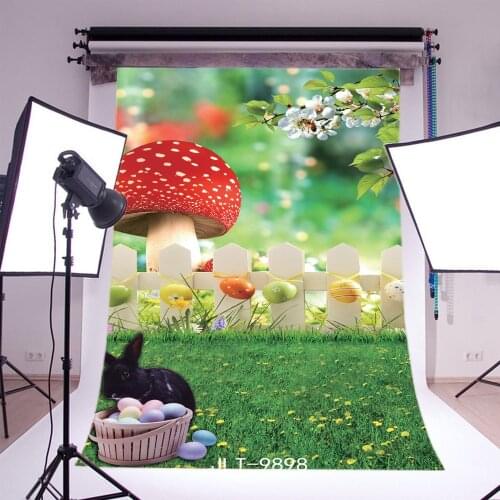 Photography Backdrops Bokeh Halos Easter Theme Eggs Grass Field Mushroom Black Rabbit Flowers Background