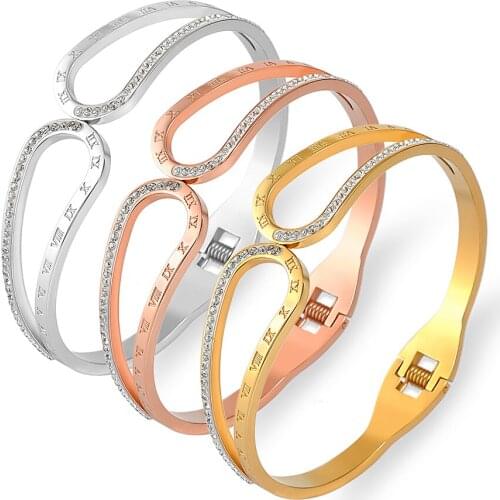 Hot Classic Brand Jewelry Zircon and Roman Numerals Woman Bangle Titanium Steel Top Quality Bracelet Lover Bangle Gift