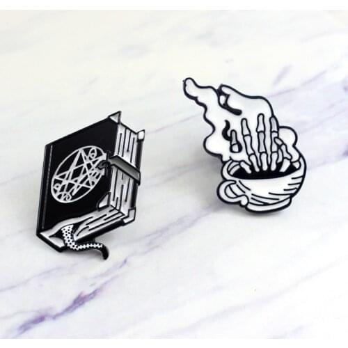 Gothic Dark Brooch Animal Tail Bookmark Black Magic Book And Sticking Out The Hand In The Coffee Cup Chic Pins For Cool Guys