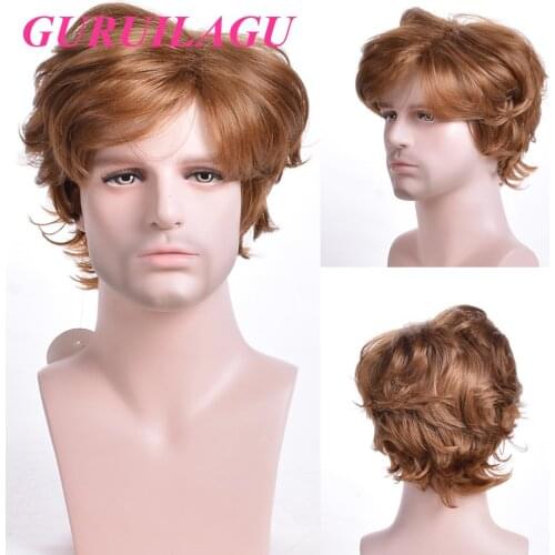 GURUILAGU Short Wavy Mens Wigs Brown Synthetic Wig Shaggy Style Natural Wigs For Men Layered Cosplay Daily Male Wig