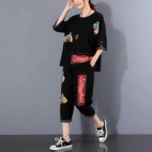 100% Cotton Pants Set Holed Top Pasted Fabric Printing Single / Suit Summer New Loose Large Size Casual Two Piece Women Factory