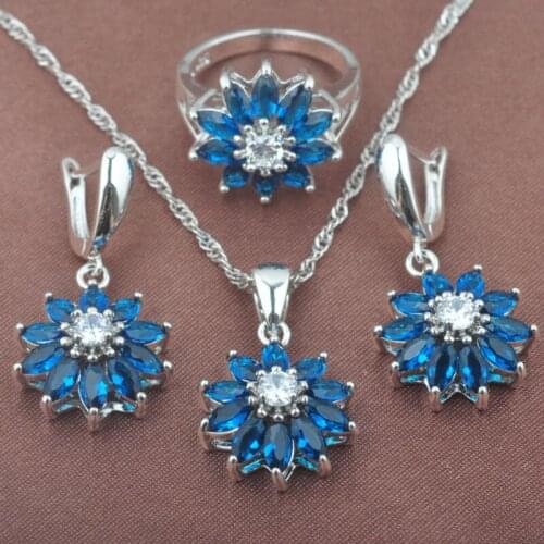 Christmas Gift Blue ZirconiaFlower Shape Womens Wedding Silver Color Jewelry Sets Necklace Pendant Earrings Ring TZ0434