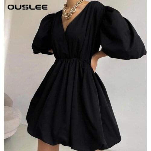OUSLEE Summer New Cross V-neck Short Puff Sleeve Flounced Flower Bud Dress Waist Waist Commuter Slim Casual Beach Dress