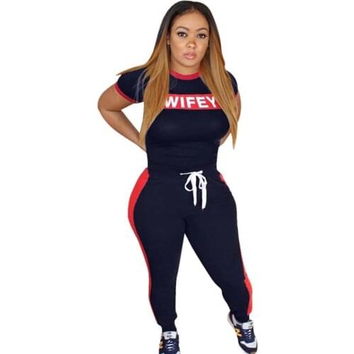 Fashion Casual Two Pieces Set Women Summer Short Sleeve Letter Print Red Stripe O-Neck Long Pants Sweatsuit Plus Size S-XXXL