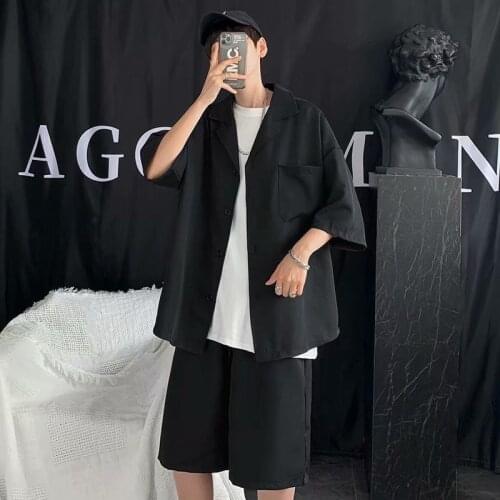 2021 (short+shirts) Mens Casual Short Sleeve Suit Shirt Trend Loose Coat Shorts Tracksuit Men Clothing Sets Leisure Workwear