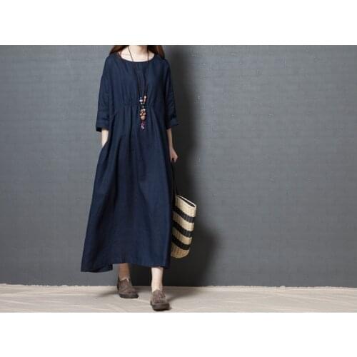 Newest long cotton linen dress Good quality linen material women casual classic dress lady long cotton dresses hot sale style