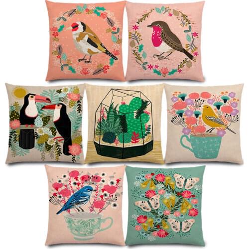 New Bird Flowers Teacup European Goldfinch Robins Swans Flamingos Lepidoptera Cactus Cushion Cover Sofa Throw Pillow Case