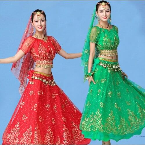 Oriental Indian Dance Wear Short Sleeves Belly Dance Costume Set For Women Green Bollywood Dancing Clothes