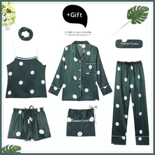 7 Pieces Set 100% Cotton Silk Pajamas Sexy Woman Nightie Home Clothes Autumn Female Shorts Pants Four Seasons Casual Sleepwear