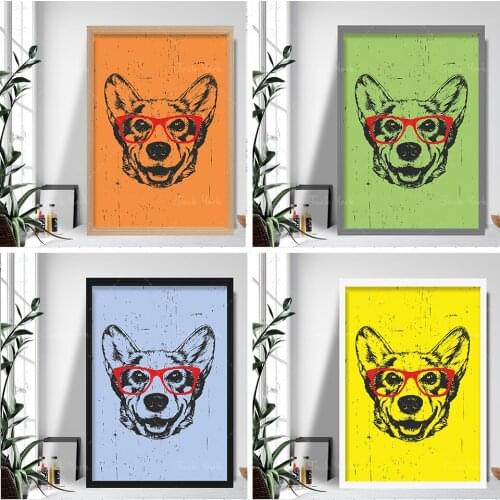 Grunge Style Art Dog Print Corgi SKETCH Glasses Picture Poster