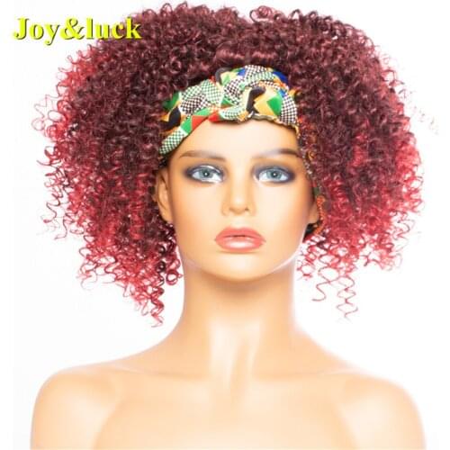 Joy&Luck Headband Synthetic Wig Short Kinky Curly Burgundy Red Wigs For Women Color Wrap Turban Natural Hair