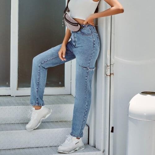 High Waist Straight Pants Side Ripped Hole Jeans Women Ladies Casual Wild Daily Streetwear Denim Trousers for All Seasons