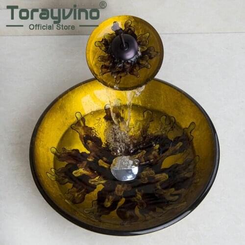 Torayvino Yellow Algas Vessel Vanity Hand Painting Basin Sink Countertop Bowl Vessel Tempered Glass Basin Faucet Set