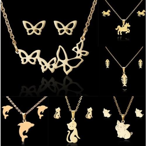 Rinhoo New Animal Butterfly Stainless Steel Pendant Necklace Sets For Women Cat Fish Bone Chain Necklace Earrings Jewelry Gifts