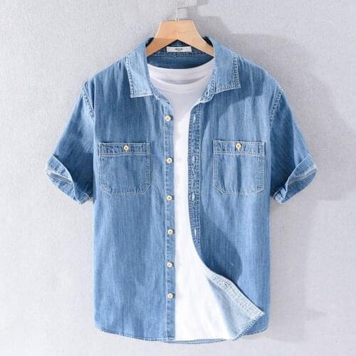 2021 Summer Mens Casual Denim Short Sleeve Shirt Business Fashion Wild Cotton Double Pocket Shirt Male High-end Brand Slim Tops