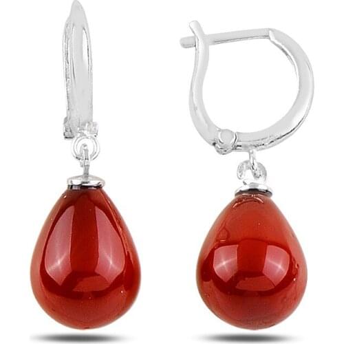 Silver Drop Red Pearl Earrings, Handmade Earrings, Made of 925 Sterling Silver