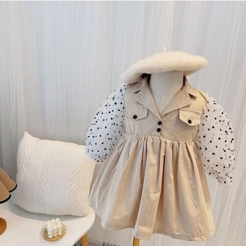 2 3 4 5 6 Toddler Girl Fashion Dress Korean Dot Mesh Stitching Puff Sleeves Dress For Girl Baby Kids Clothes Autumn Dress 2020