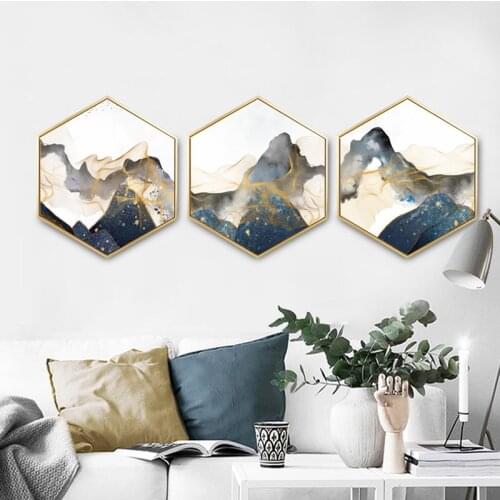 Hexagon Wall Painting Chinese Style The Sea The Mountain Wall Pictures For Living Room Canvas Art Oil With Picture Frame