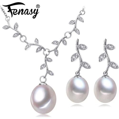 FENASY Pearl Jewelry,Pink Jewelry Sets for Women Natural Pearl leaves Necklace/Earring,earings fashion jewelry box christmas