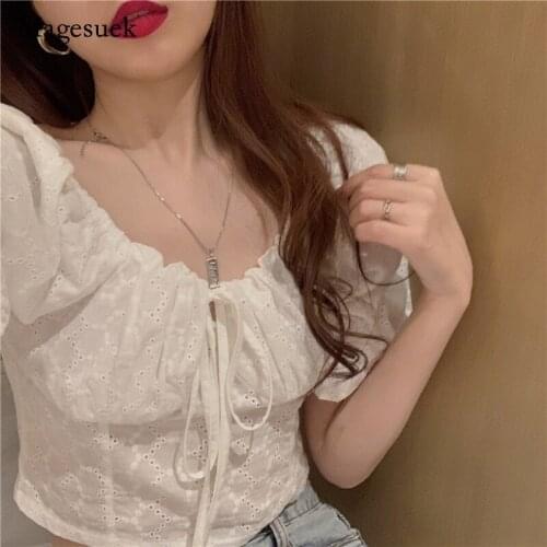 2021 Korean Summer Women Cotton Shirt Solid Slash Neck Off Shoulder Short Tops for Women Sexy Slim Puff Sleeve Shirt Blusa 14913