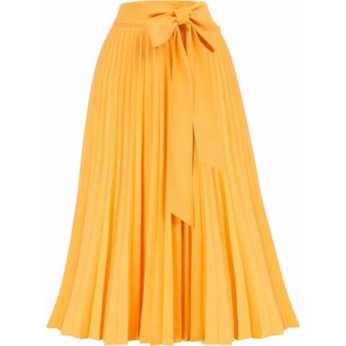 Kate Kasin Swing Skirts Women Pleated Skirt High-Waist Belt Pure Color Elegant Mid-calf Length Lady Flared A-Line Skirt Female