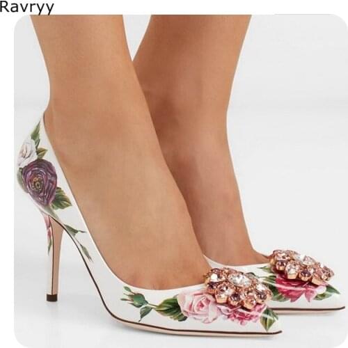 Womans high heels flower paint sexy pump twinkling rhinestone female party dress shoe pointed toe slip-on stilettos single shoe
