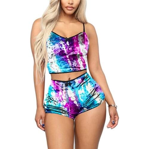 Tie Dye Velvet 2Pieces Sets for Women Summer Fashion Spaghetti Strap Vest Slim Crop Top+High Waist Shorts Female Outfit 24Colors