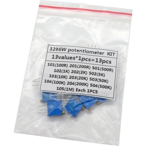 13kinds*1PCS=13PCS 3296W adjustable potentiometer Kit hjxrhgal contains 100R 200R 500R 1K 2K 5K 10K 20K 50K 100K 200K 1M