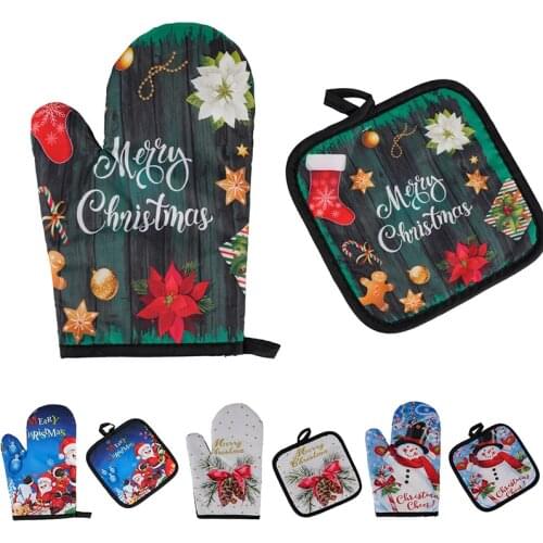 2pc/set Santa Claus Christmas Baking Anti-Hot Gloves Pad Oven Dining BBQ Kitchen Mat 2021 Navidad Noel Party Decoration New Year