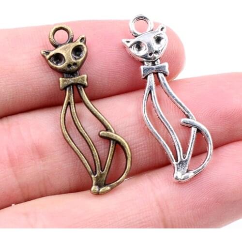 34x10mm 15pcs Antique Bronze and Antique Silver Plated Cat Handmade Charms Pendant:DIY for bracelet necklace