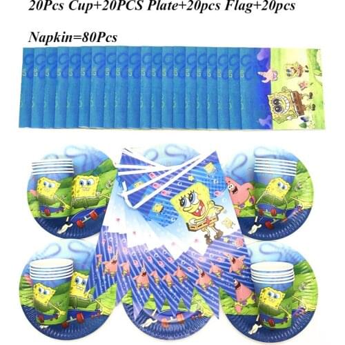 50/80Pcs Disposable Tableware Sets Cup Plate Flag Cartoon Sponge-Bob Theme Baby Shower Kid Birthday Banners Decoration Supplies