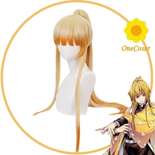 Anime Demon Slayer Agatsuma Zenitsu Cosplay Wig Yellow Long Hair Sex Transfer Synthetic Hair + Free Wig Cap Party Role Play Girl